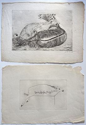 deux dessins représentant un chien et un chat couchés l'un sur l'autre