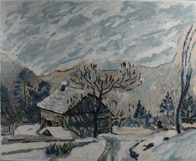 tableau représentant un paysage enneigé avec une maison et des arbres au premier plan
