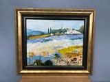 peinture à l'huile encadrée représentant un paysage avec une maison blanche au loin