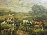 tableau représentant un tableau d'un troupeau de chevaux dans un pâturage