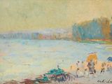 tableau représentant un groupe de personnes sur une plage au bord d'un plan d'eau