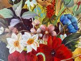 a painting of flowers in a vase on a table
