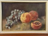 painting of a still life of peachs and grapes on a table