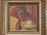 un vieux tableau représentant une femme coiffée d'un chapeau rouge, dans un cadre doré