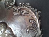 a silver plate with a baby in it on a table