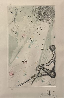 drawing of a woman sitting on the ground with a bird in the sky