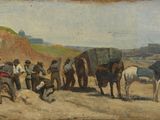 une image représentant un tableau où l'on voit un groupe d'hommes avec des chevaux