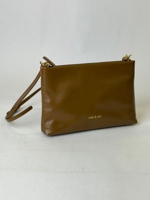 a brown leather clutch bag on a white background