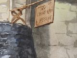 a painting of a building with a sign on it