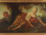 an oil painting of a woman laying on the ground next to a man