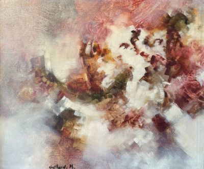 une peinture à l'huile représentant un bouquet de fleurs dans un vase posé sur une table