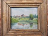 une peinture à l'huile représentant un paysage avec une rivière et une église au loin