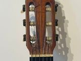 a close up of a guitar hanging on a wall