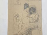 an old drawing of a woman sitting on a chair next to a man