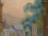 painting of a street scene with a clock tower in the distance