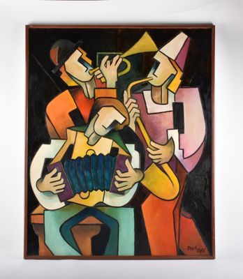 tableau représentant un homme jouant d'un instrument de musique aux côtés d'un autre homme jouant d'un instrument de musique