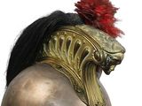 a close up of a helmet with a red mohawk on it