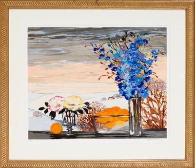 un tableau représentant des fleurs bleues et des oranges dans un vase