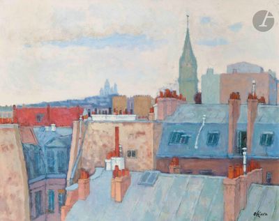 une peinture représentant un paysage urbain avec une tour horloge en arrière-plan