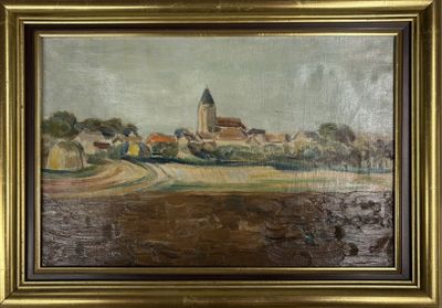 une peinture à l'huile représentant une scène de campagne avec une église au loin