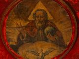 an old painting of a man holding a bird in a red case