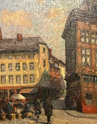 un tableau représentant des personnes marchant dans une rue avec des parapluies