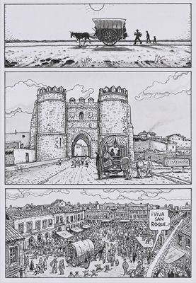 a black and white drawing of a horse drawn carriage