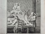 un vieux livre sur lequel figure l'image d'une femme assise à une table en compagnie d'animaux