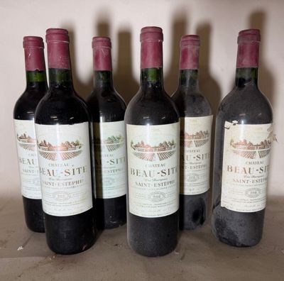 six bottles of red wine are lined up on a table