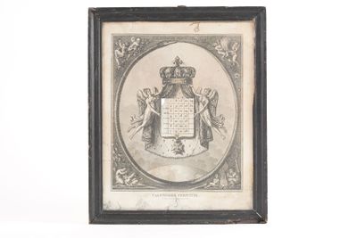 une vieille photo encadrée représentant un blason surmonté d'une couronne