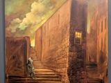 an oil painting of a man walking down a set of stairs