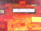 tableau représentant une peinture abstraite rouge et jaune composée de carrés et de rectangles