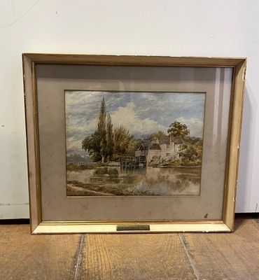 une image représentant une peinture d'un paysage fluvial avec une maison en arrière-plan