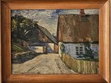 une peinture à l'huile représentant une route de campagne avec, en arrière-plan, une maison au toit de chaume