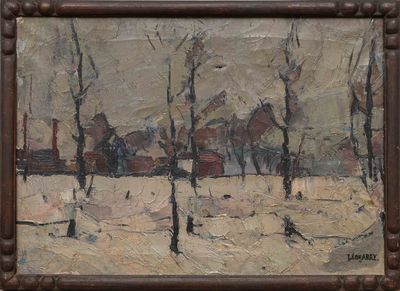 une peinture à l'huile représentant un paysage enneigé avec des arbres au premier plan