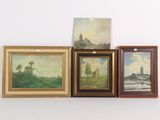 quatre tableaux posés sur une étagère au-dessus d'un mur blanc