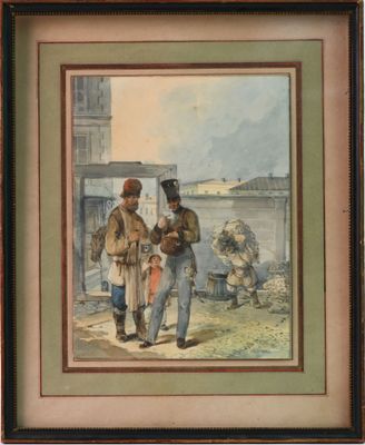 tableau représentant deux hommes debout l'un à côté de l'autre devant un plan d'eau
