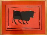 tableau représentant une vache sur fond rouge, dans un cadre doré