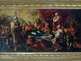 an oil painting of a man laying on a bed with other people around him