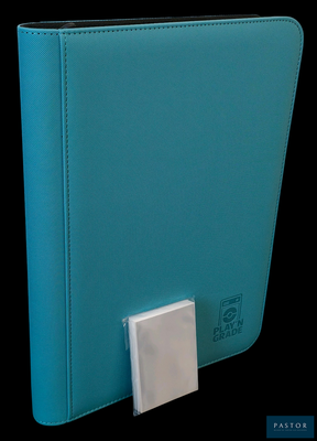 a blue binder with a white button on it