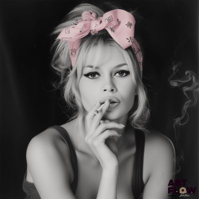 photographie en noir et blanc d'une femme fumant une cigarette, avec un nœud rose sur la tête