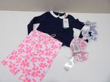 des vêtements et accessoires pour petite fille disposés sur une table