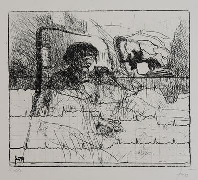 dessin représentant un homme assis sur une chaise, avec un chat sur les genoux