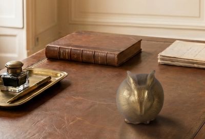 un bureau sur lequel se trouvent un livre, un stylo et une petite figurine de chouette