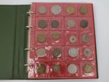 a red binder with a lot of coins in it