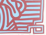 an image of a red and blue drawing of a person on a skateboard