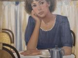 a painting of a woman sitting at a table with a cup of coffee