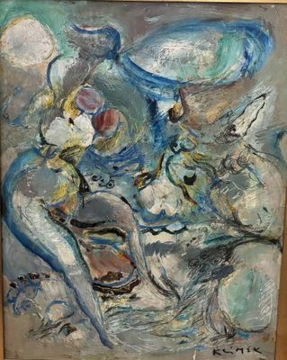 une peinture à l'huile représentant une femme en robe bleue, avec des fleurs dans les cheveux