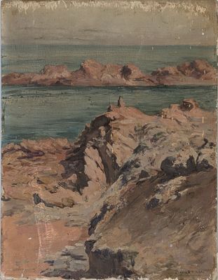 une image représentant une peinture d'une côte rocheuse avec un phare au loin