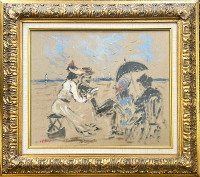 an image of a painting of two people sitting on a beach